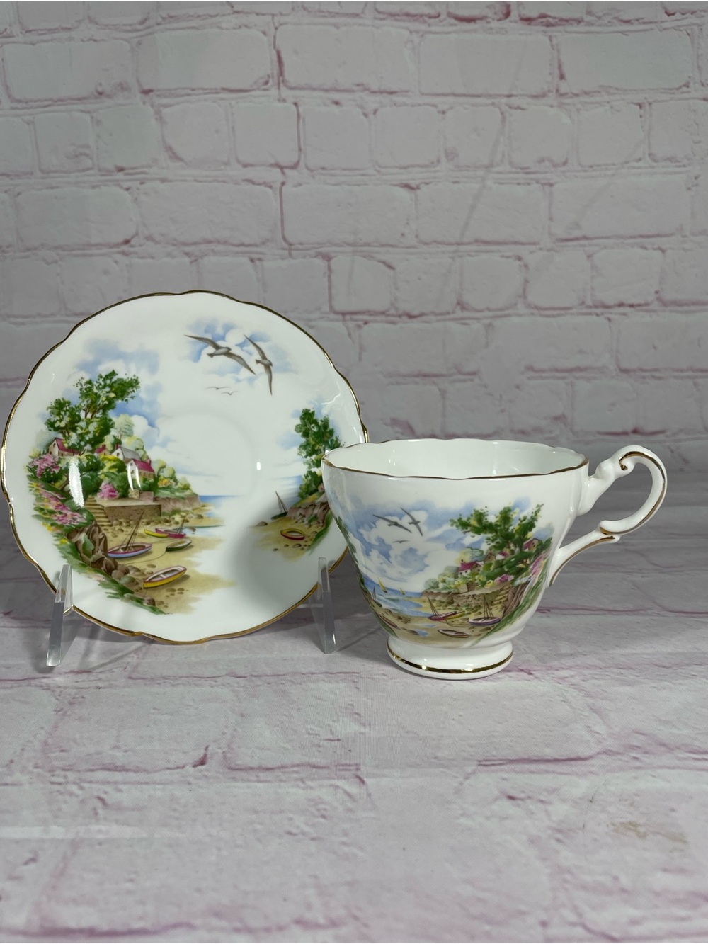Vintage Regency English Coastal Village Bone China Footed Teacup and Saucer Set